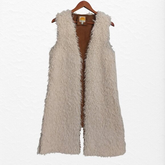 Long Faux Fur Vest Size M Boho Chic Winter White Brown Faux Suede Open Front EUC - Picture 5 of 10